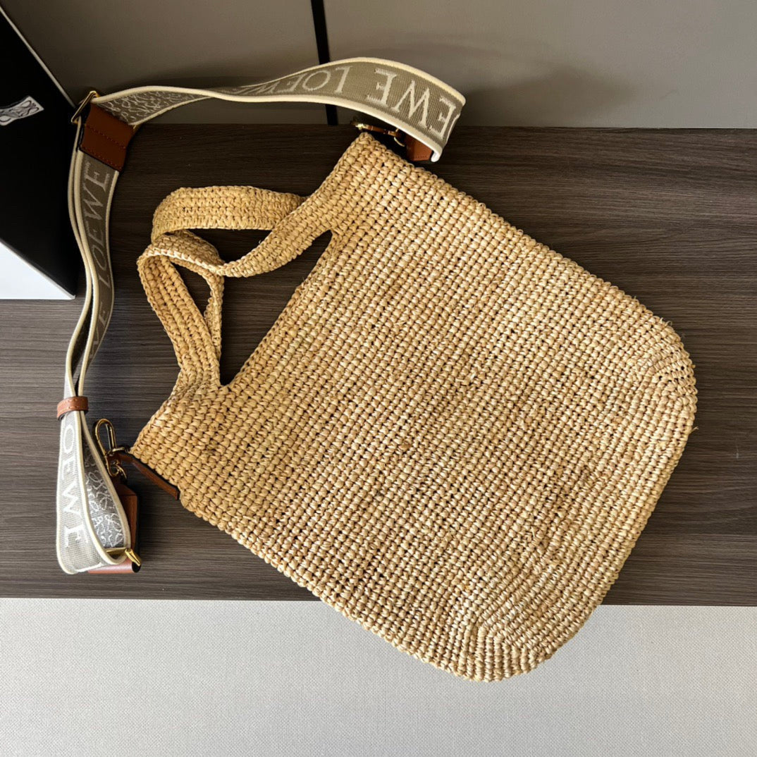 Mini Slit Tote 30cm Beige Raffia Tan Calfskin
