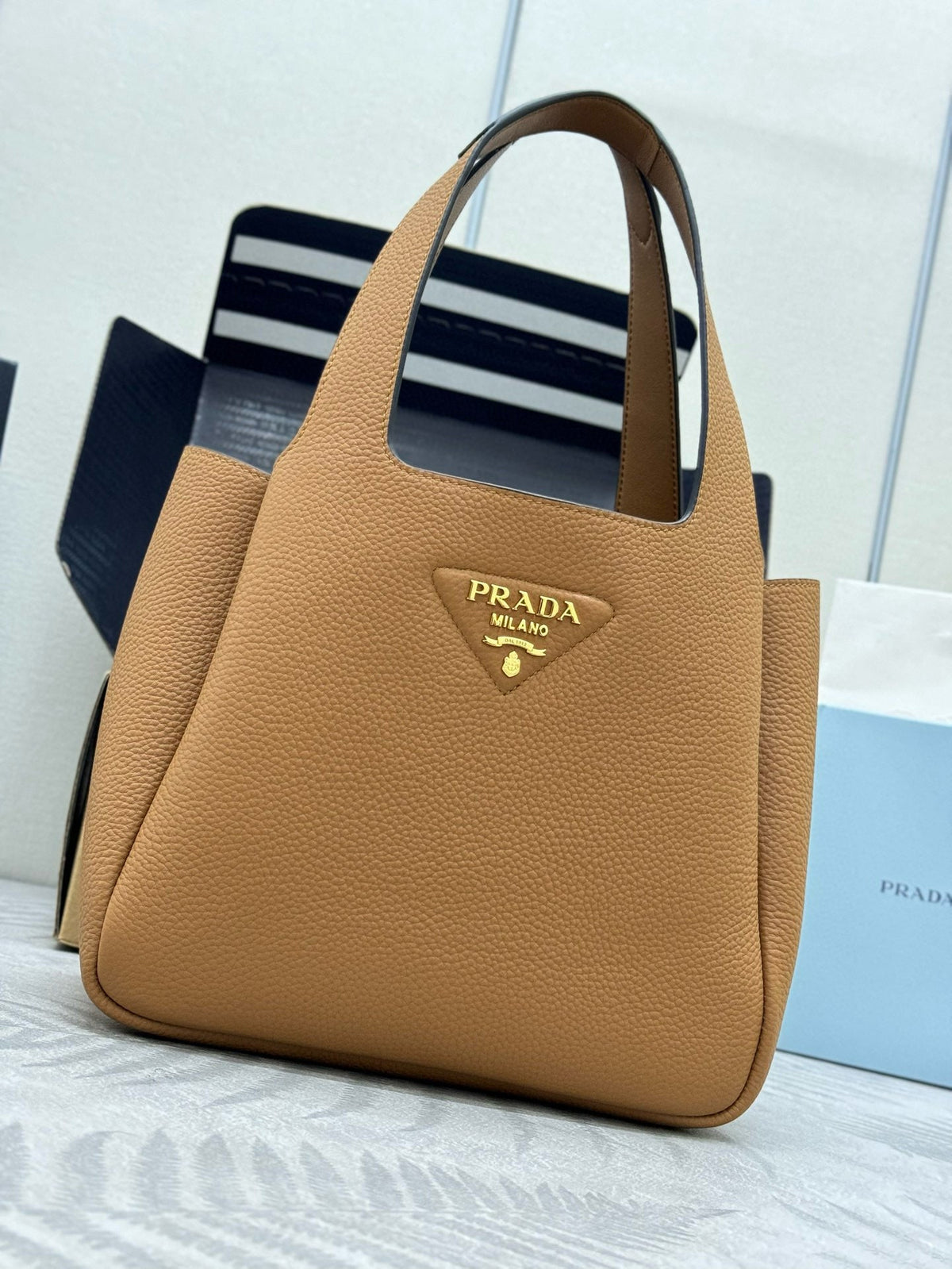 Pr*da Medium Leather Tote Bag Caramel Calfskin