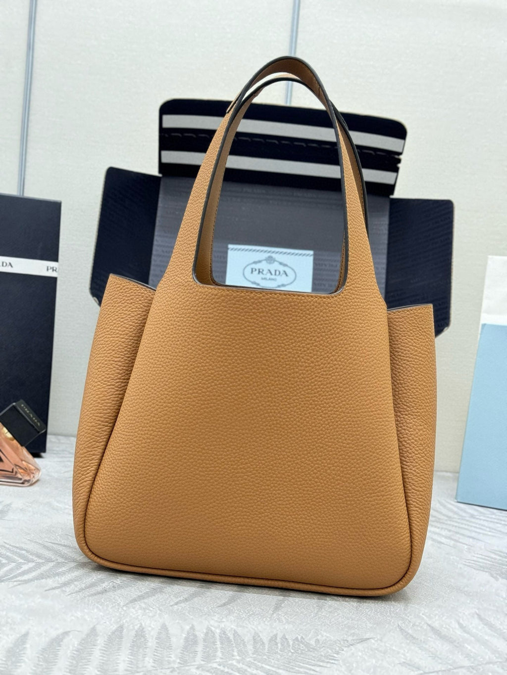 Pr*da Medium Leather Tote Bag Caramel Calfskin