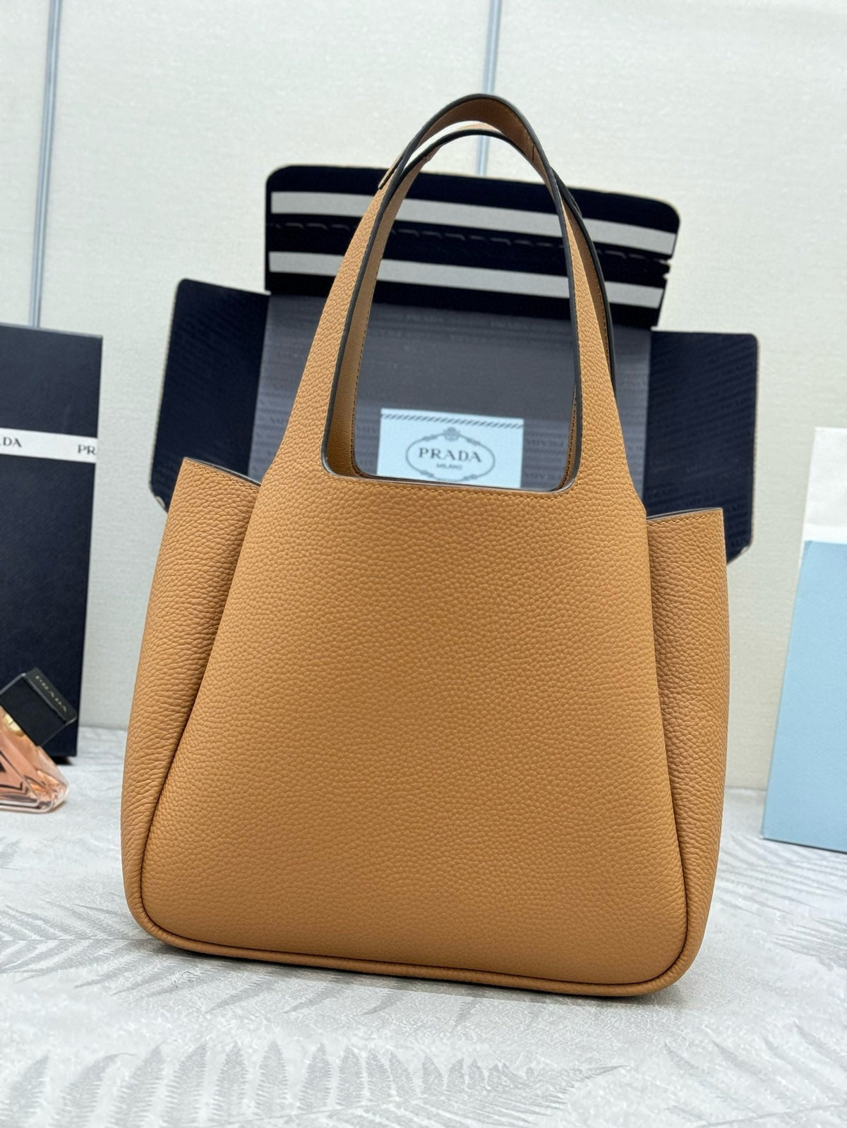 Pr*da Medium Leather Tote Bag Caramel Calfskin