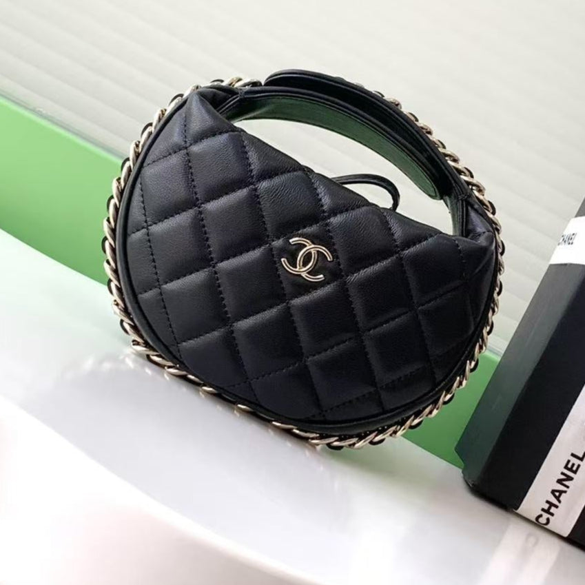 C*C Ch*nel Hula Hoop Clutch Black Calfskin