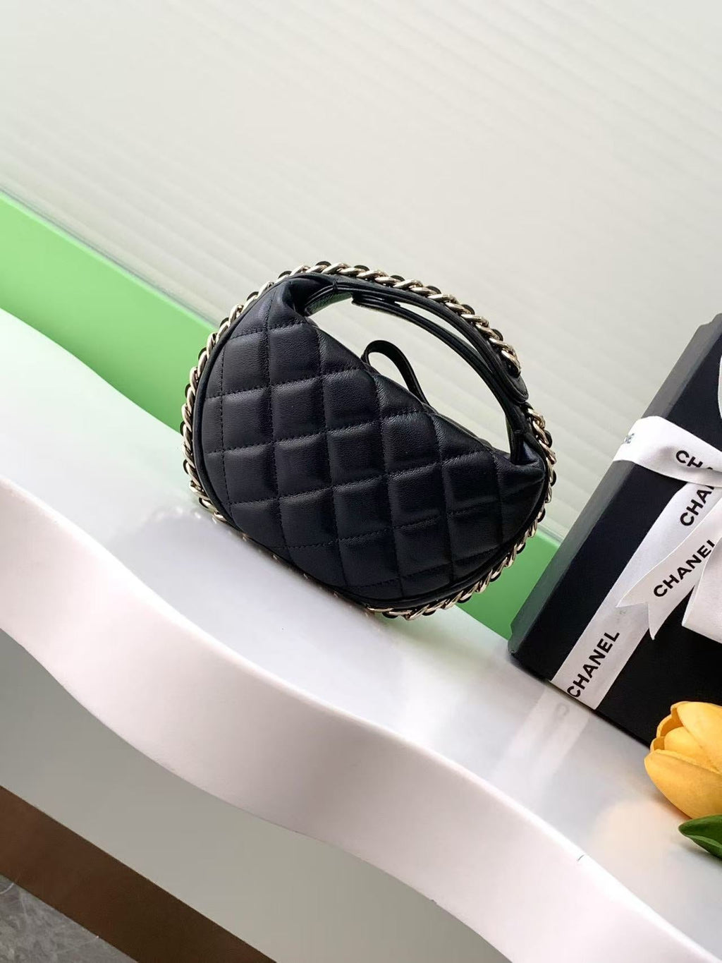 C*C Ch*nel Hula Hoop Clutch Black Calfskin
