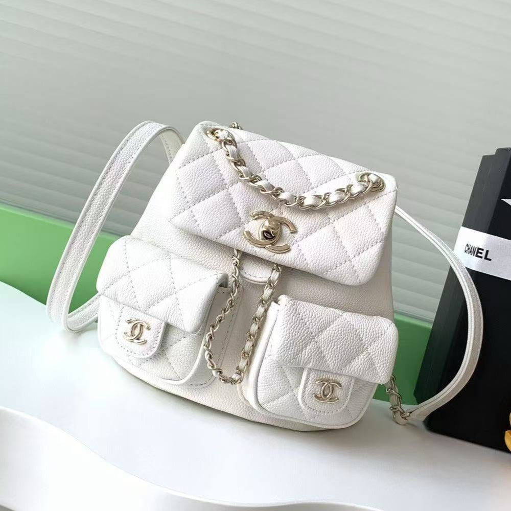 C*C Backpack 17.5cm White Silver Grained Calfskin