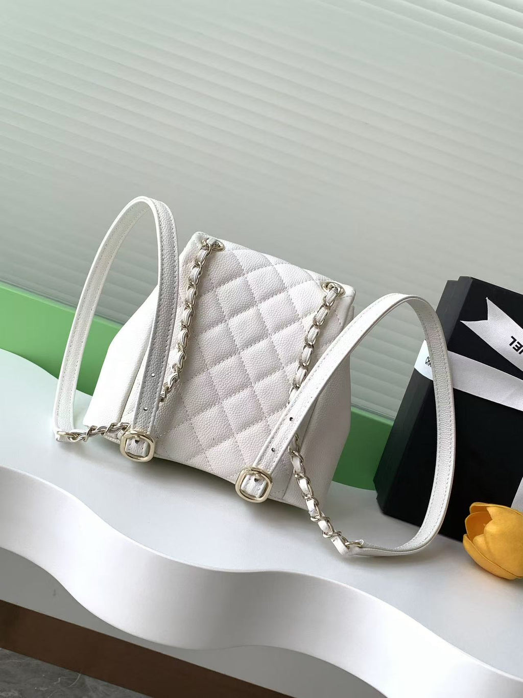 C*C Backpack 17.5cm White Silver Grained Calfskin