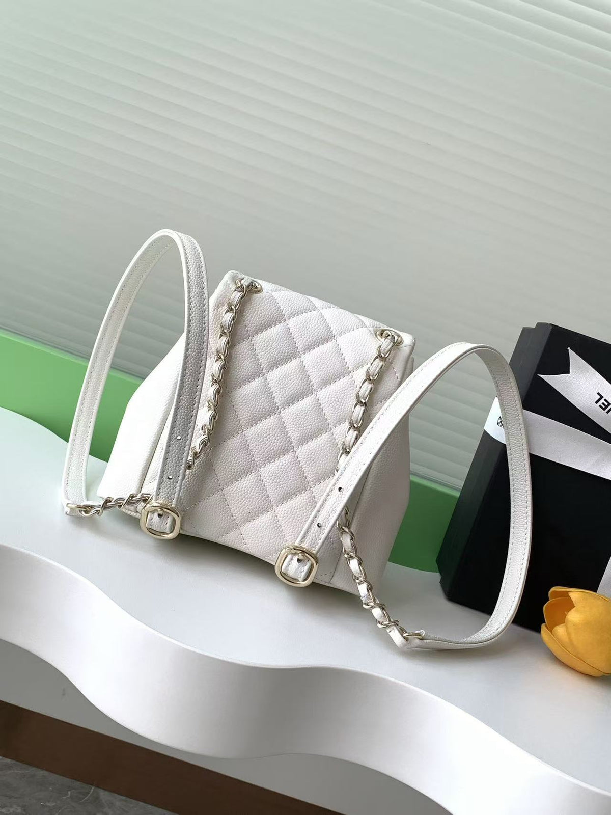 C*C Backpack 17.5cm White Silver Grained Calfskin