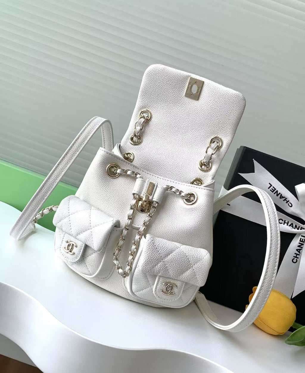 C*C Backpack 17.5cm White Silver Grained Calfskin