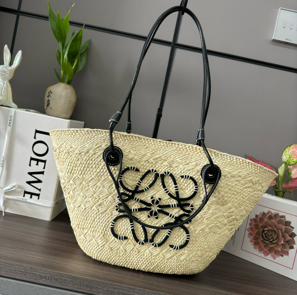 L*ew Anagram Basket 46cm Beige Raffia Black Calfskin