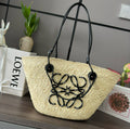 L*ew Anagram Basket 46cm Beige Raffia Black Calfskin