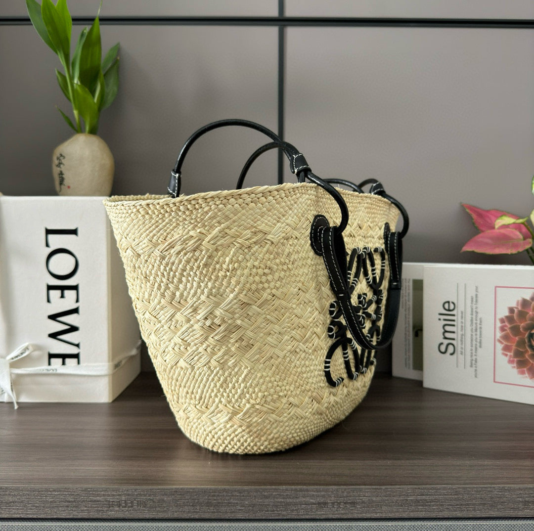 L*ew Anagram Basket 46cm Beige Raffia Black Calfskin