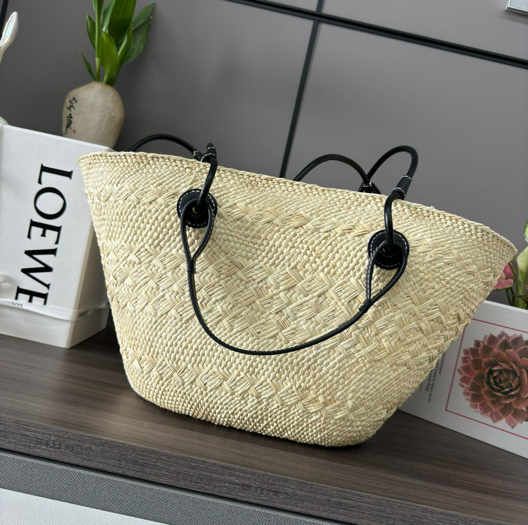 L*ew Anagram Basket 46cm Beige Raffia Black Calfskin