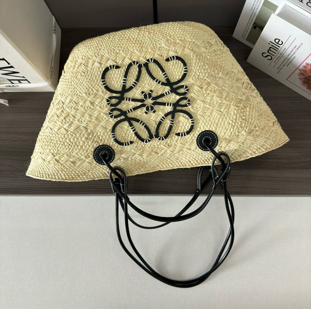 L*ew Anagram Basket 46cm Beige Raffia Black Calfskin