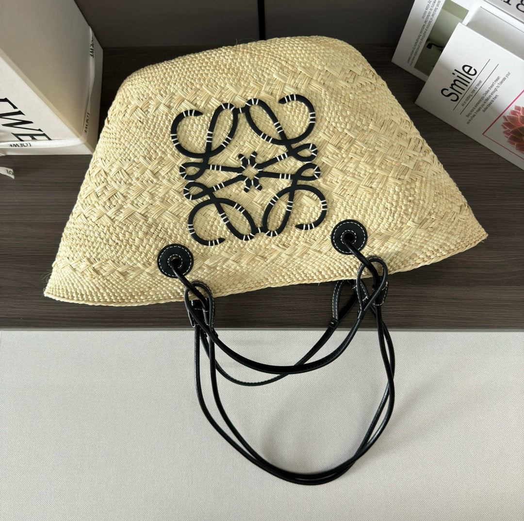 L*ew Anagram Basket 46cm Beige Raffia Black Calfskin