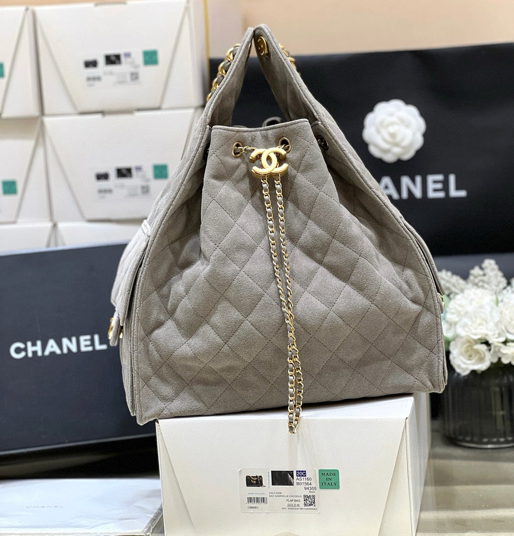C*C 25 Handbag In Gray 40 Suede Calfskin Gold Hardware