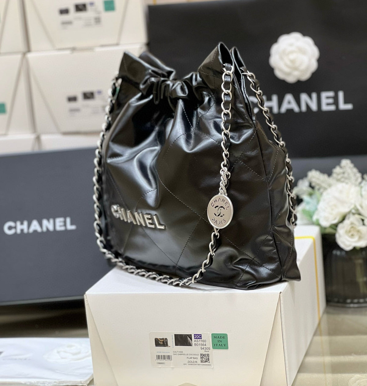 C*C HOBO BAG 22 BLACK LAMBSKIN SILVER HARDWARE BEST VERSION