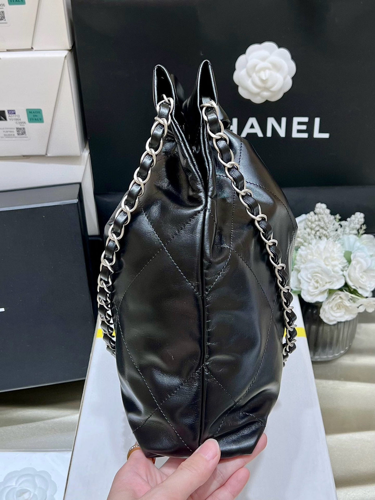 C*C HOBO BAG 22 BLACK LAMBSKIN SILVER HARDWARE BEST VERSION