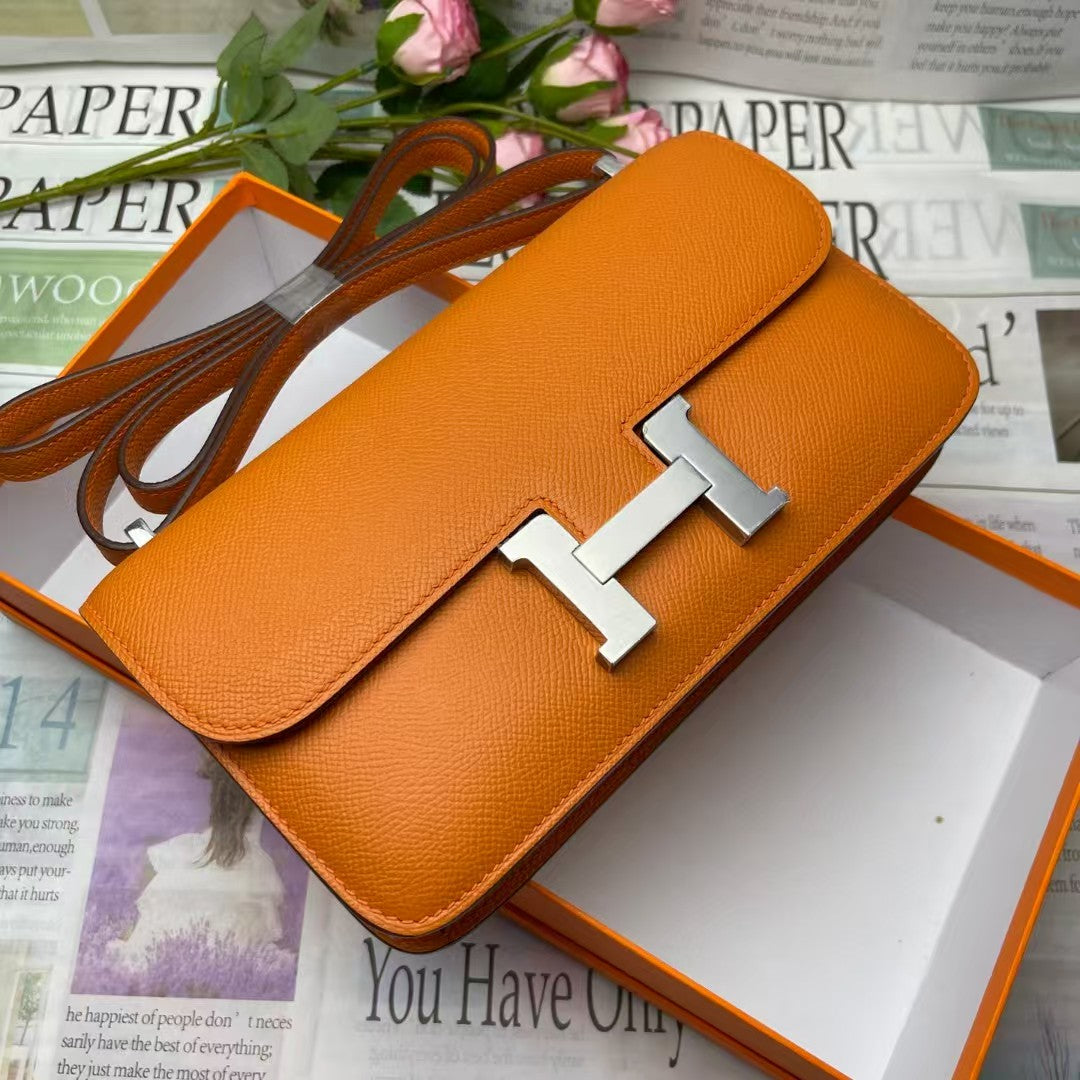 H*rmes Constane 26cm Bag Orange Silver Epsom Leather