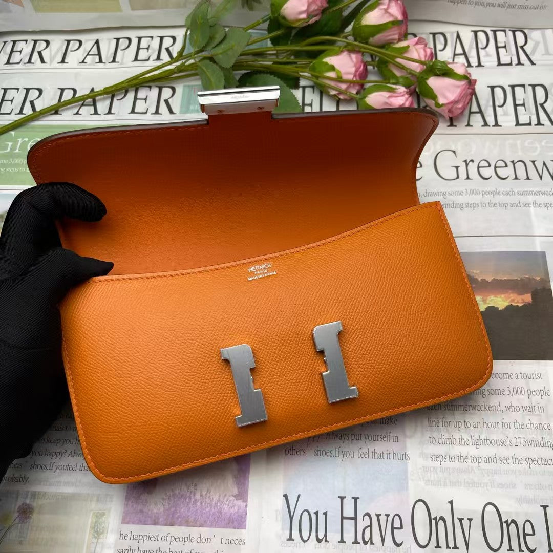H*rmes Constane 26cm Bag Orange Silver Epsom Leather