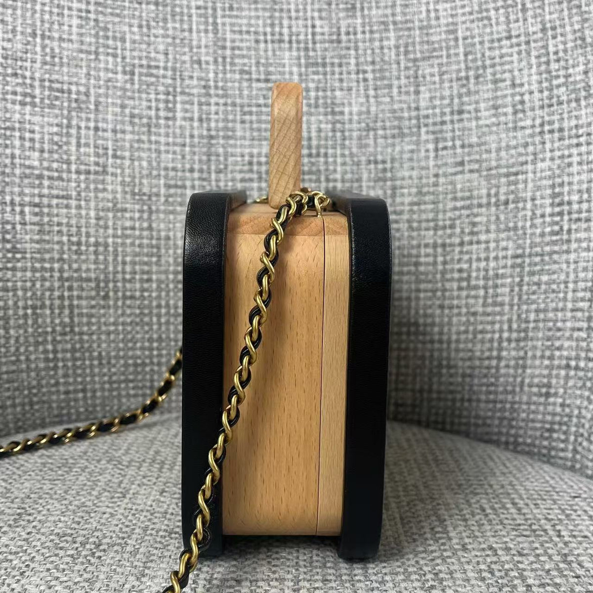 Ch*nel Beech Vanity Case Beige Black Wood Calfskin