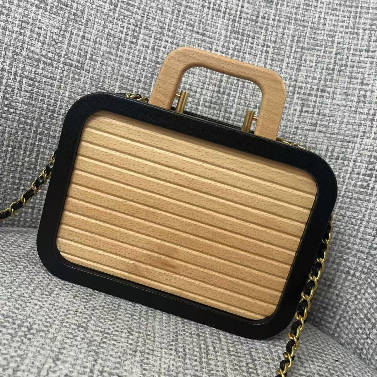 Ch*nel Beech Vanity Case Beige Black Wood Calfskin