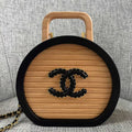 Ch*nel Beech Wood Round Vanity Beige Black Wood Calfskin