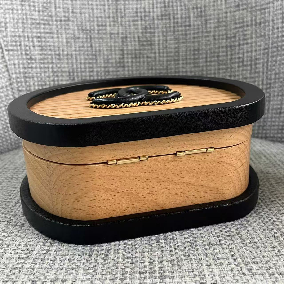 Ch*nel Beech Wood Round Vanity Beige Black Wood Calfskin