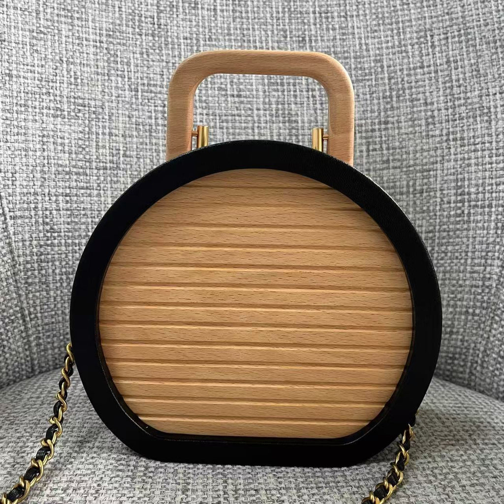 Ch*nel Beech Wood Round Vanity Beige Black Wood Calfskin
