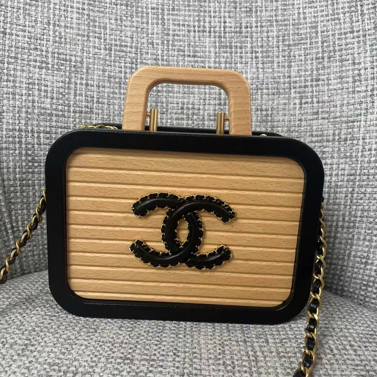 Ch*nel Beech Vanity Case Beige Black Wood Calfskin