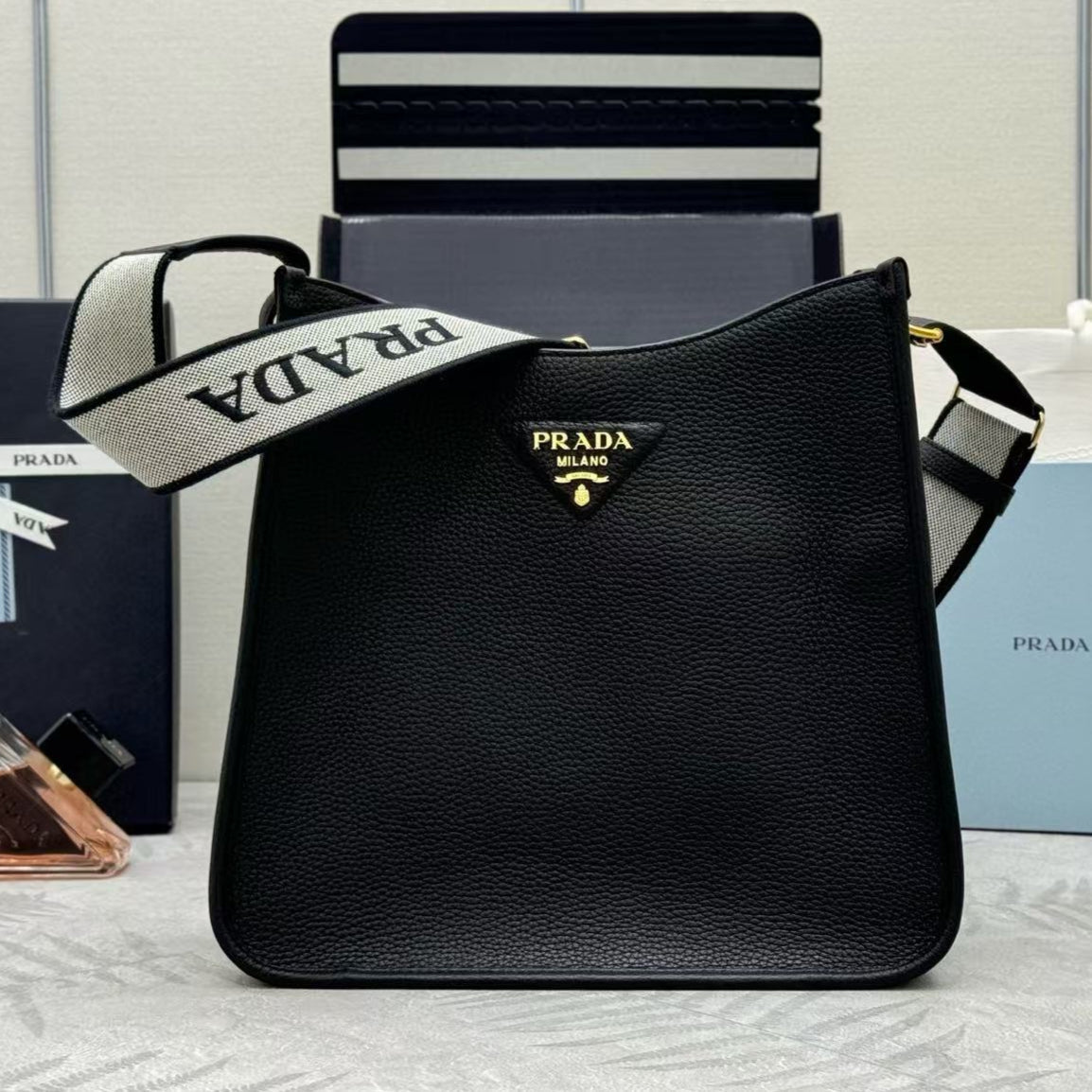 Pr*da 30cm Bag Black Calfskin Canvas