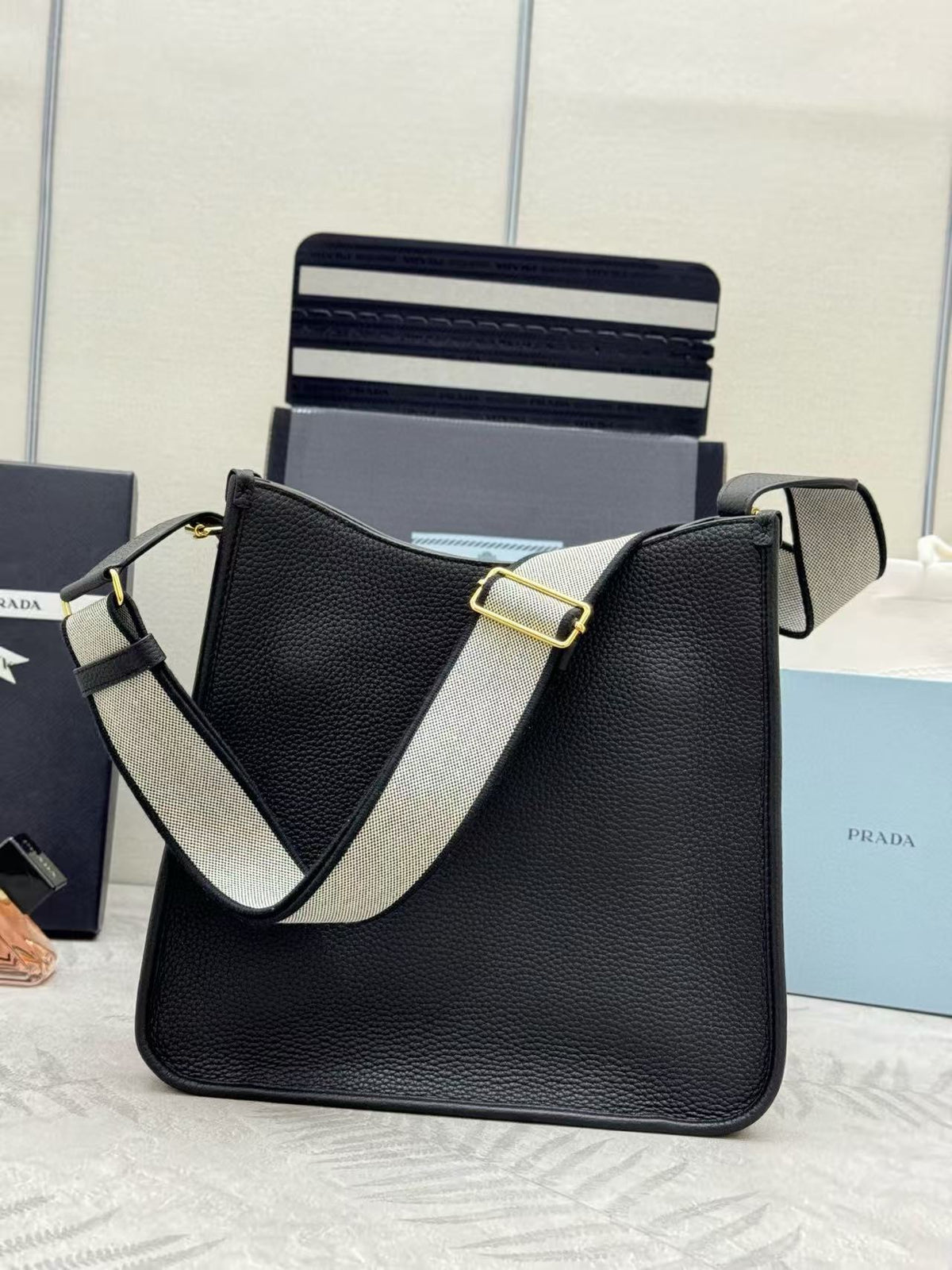 Pr*da 30cm Bag Black Calfskin Canvas