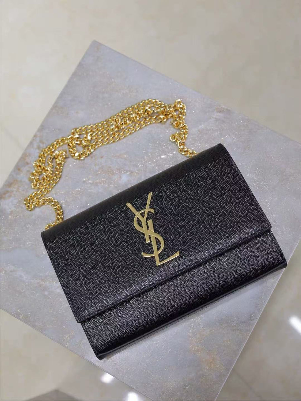 Y*S*L Kate Small Chain Bag 20cm Black Gold Grained Calfskin