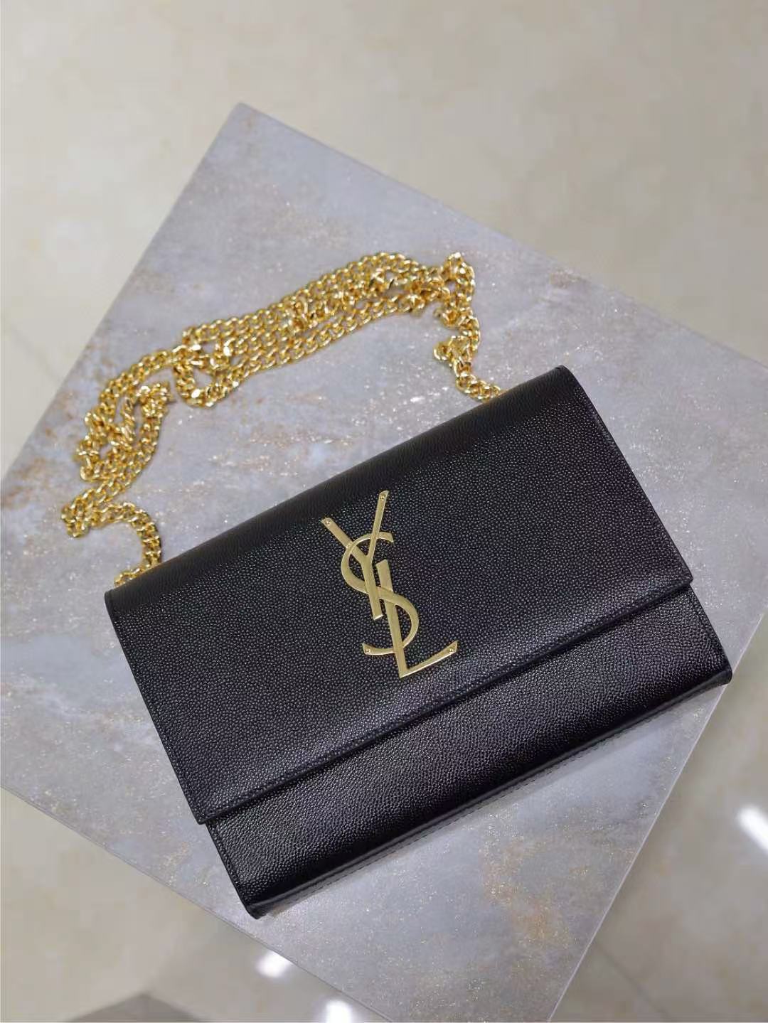 Y*S*L Kate Small Chain Bag 20cm Black Gold Grained Calfskin