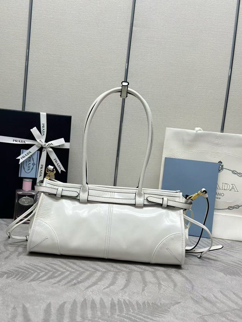 Pr*da Bonnie Medium Handbag 32cm White Calfskin