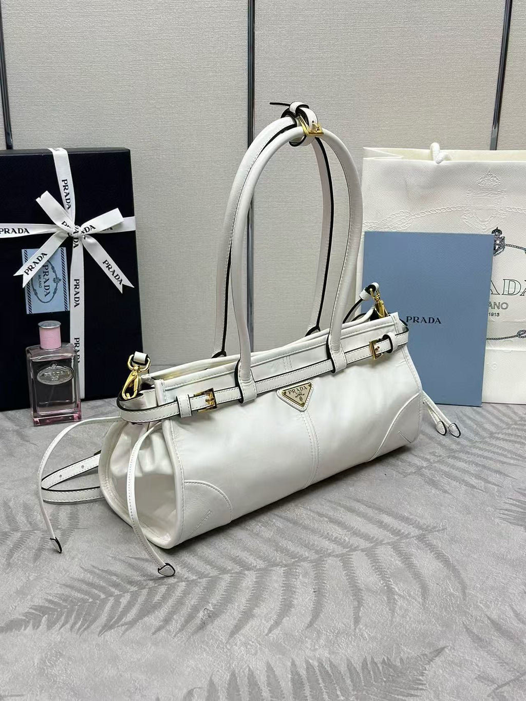 Pr*da Bonnie Medium Handbag 32cm White Calfskin