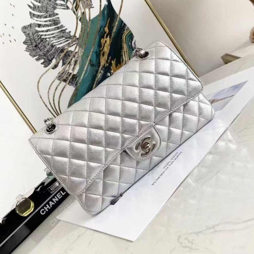 C*C Classic Flap Medium 25cm Silver Lambskin