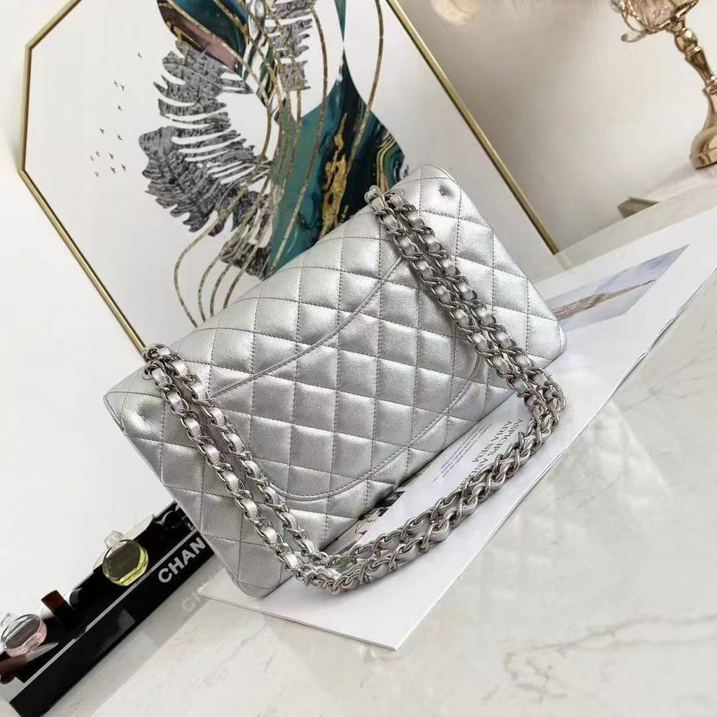 C*C Classic Flap Medium 25cm Silver Lambskin