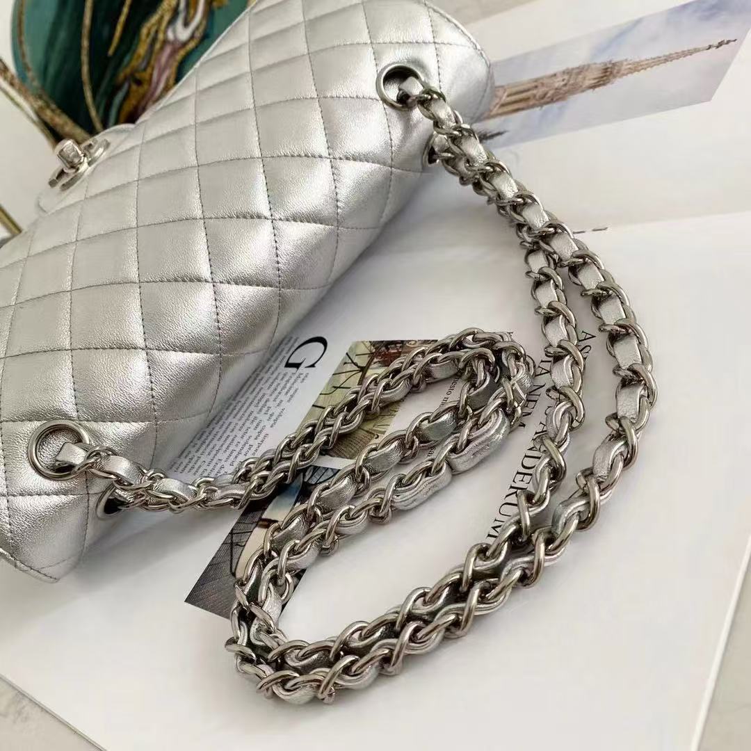 C*C Classic Flap Medium 25cm Silver Lambskin