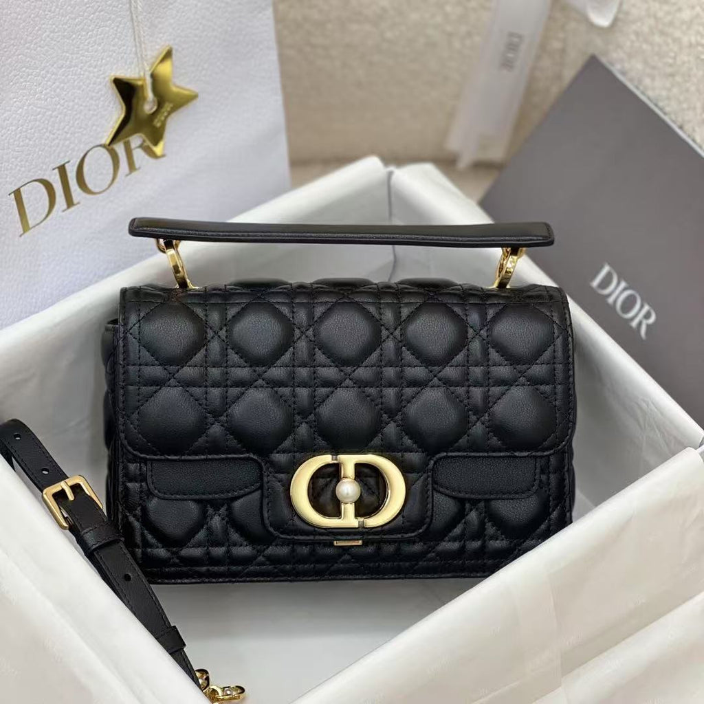 Small D*or Jolie Top Handle Bag 22cm Black Cannage Calfskin