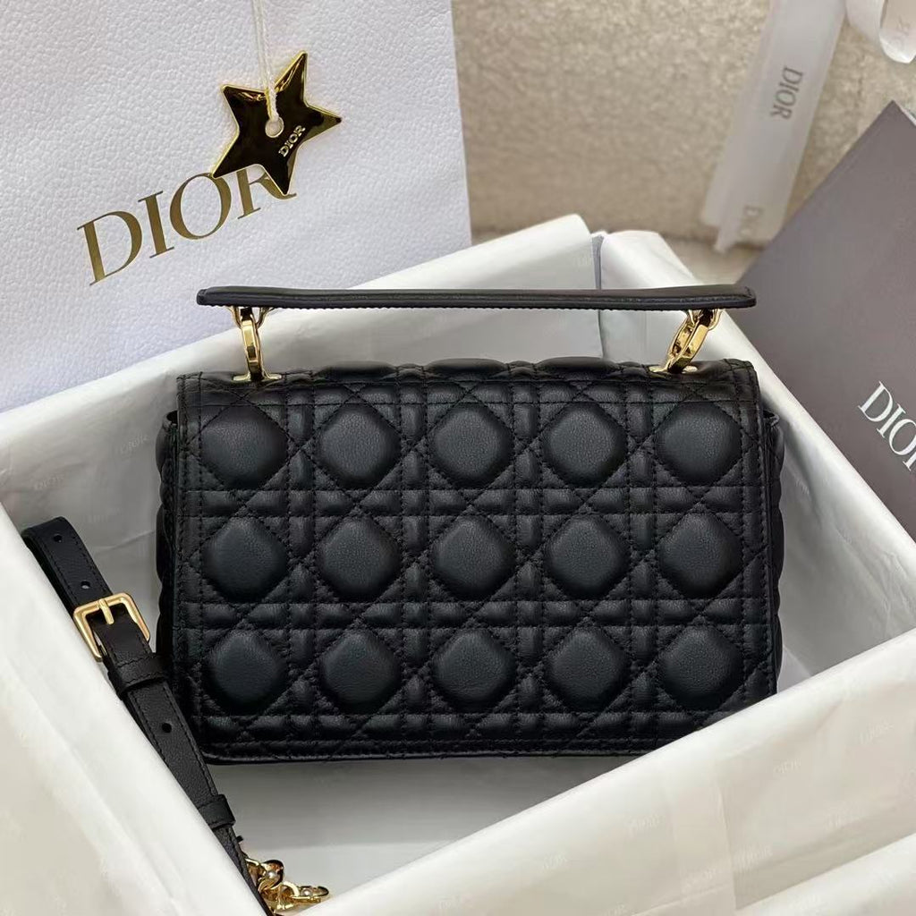 Small D*or Jolie Top Handle Bag 22cm Black Cannage Calfskin