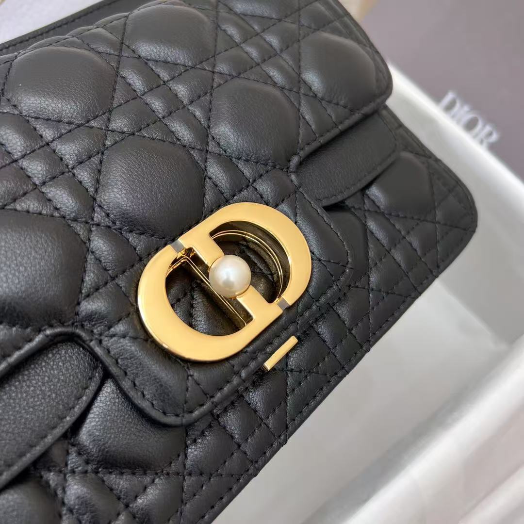 Small D*or Jolie Top Handle Bag 22cm Black Cannage Calfskin