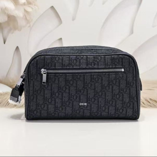 Toiletry Bag Black D*or Oblique Jacquard and Black Grained Calfskin