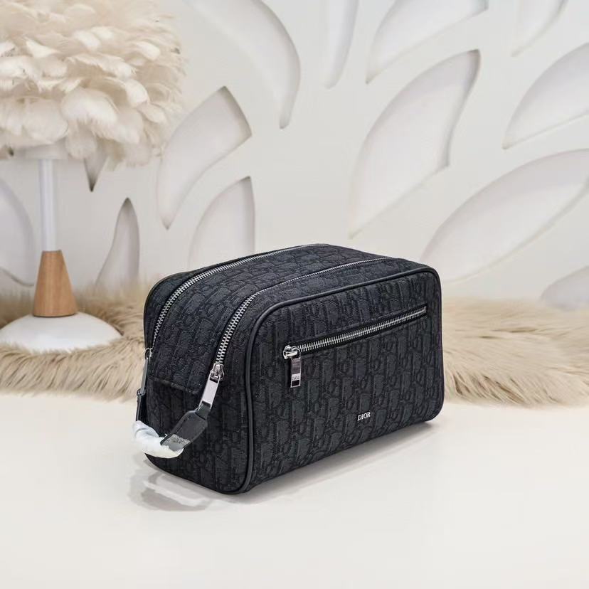 Toiletry Bag Black D*or Oblique Jacquard and Black Grained Calfskin