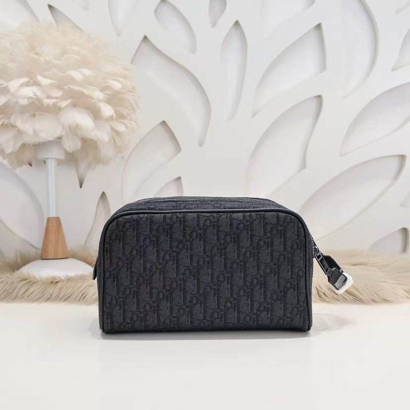 Toiletry Bag Black D*or Oblique Jacquard and Black Grained Calfskin