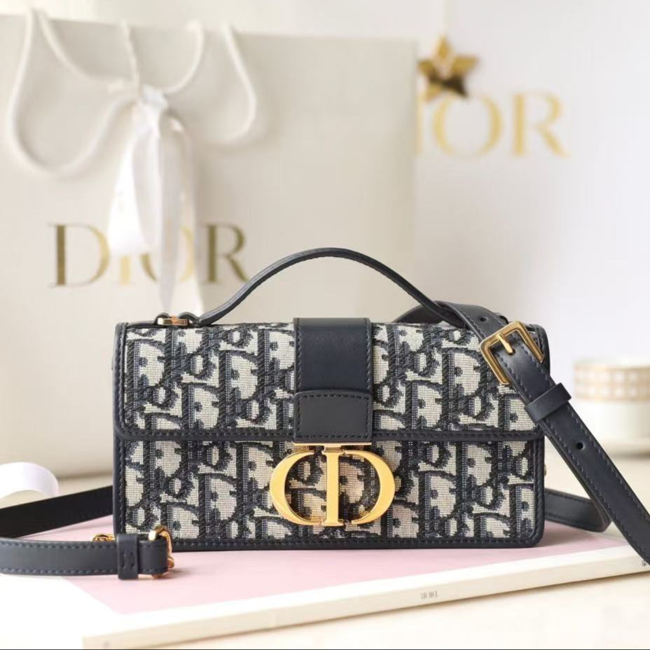 D*or Miss Montaigne Bag 20cm Black Canvas Calfskin