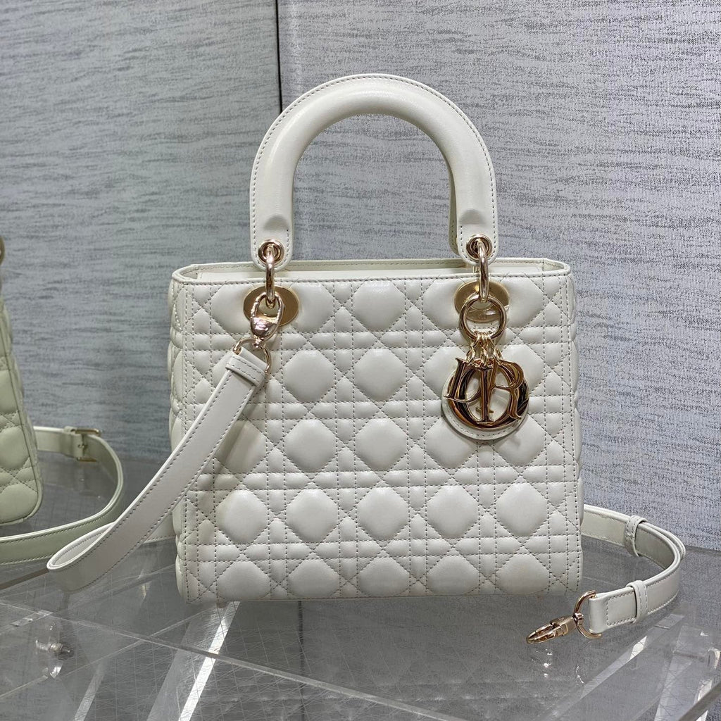 C*D Lady D*or 24cm White Lambskin Light Gold Hardware