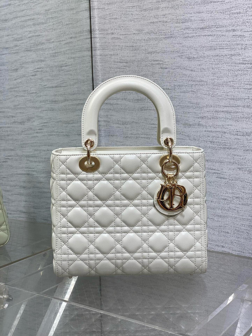 C*D Lady D*or 24cm White Lambskin Light Gold Hardware