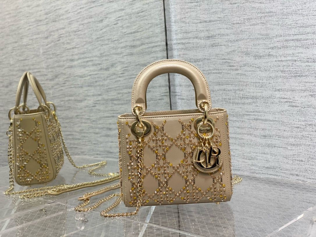 C*D Lady D*or 17cm Bag Gold Diamond Silk
