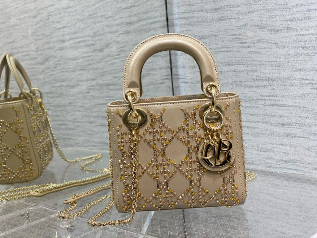 C*D Lady D*or 17cm Bag Gold Diamond Silk