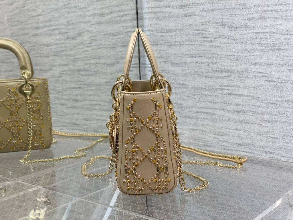 C*D Lady D*or 17cm Bag Gold Diamond Silk