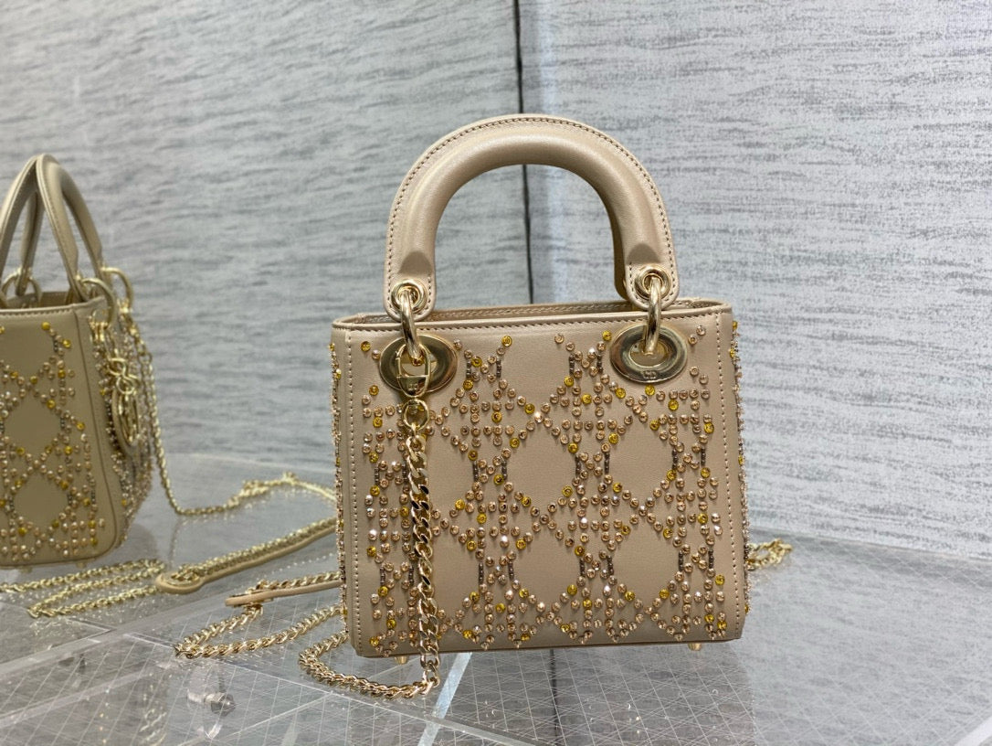 C*D Lady D*or 17cm Bag Gold Diamond Silk