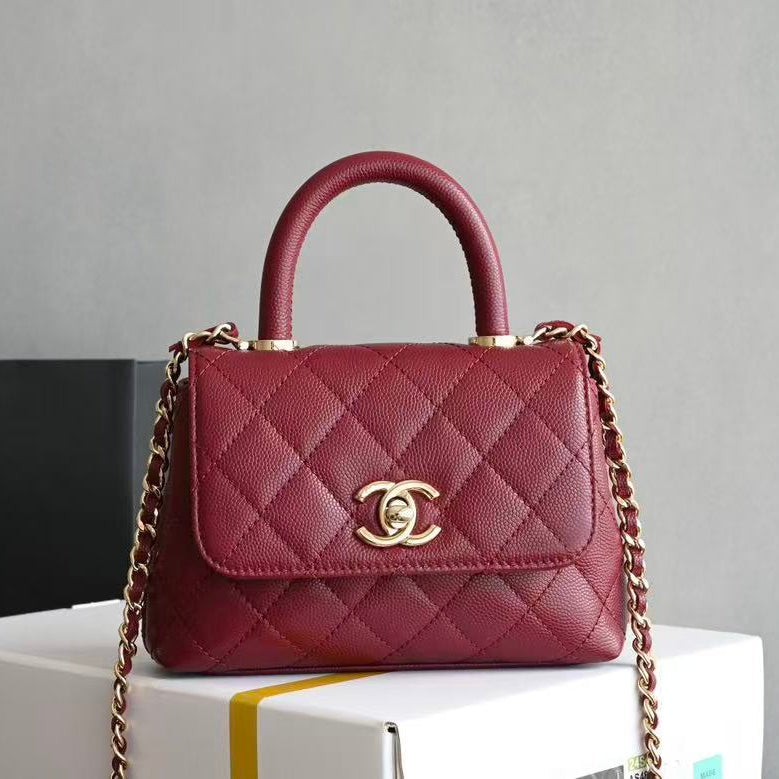 C*C Clutch Top Handle 14.5cm Dark Red Grained Calfskin